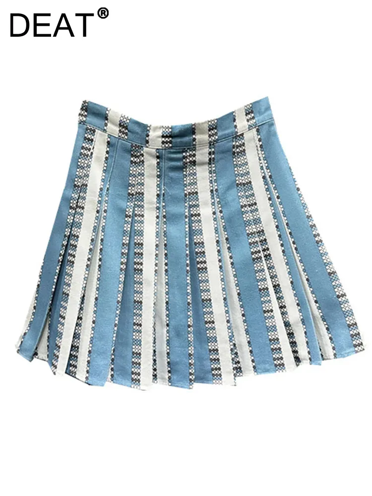 

DEAT Women's Denim Skirt White Blue Striped Pleated Circle Printed A-line High Waist Mini Skirt 2024 Summer New Fashion 29L7592