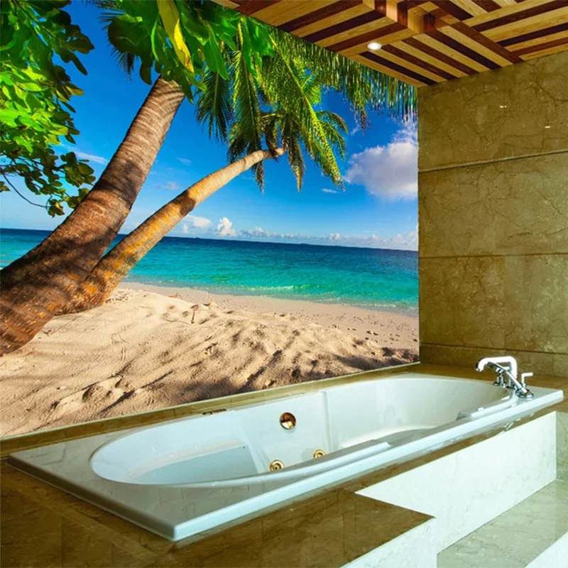 Custom Photo Wall Paper 3D Beach Coconut Palm Landscape Mural Bathroom Waterproof Background Wall Sticker Decor Papel De Parede