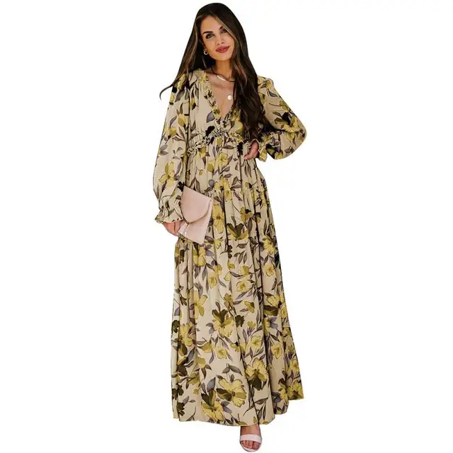 Robe Longue Femme Automne - Coton Et Lin, Style Boho, Manches Longues, Col En V - Taille 2XL Noir