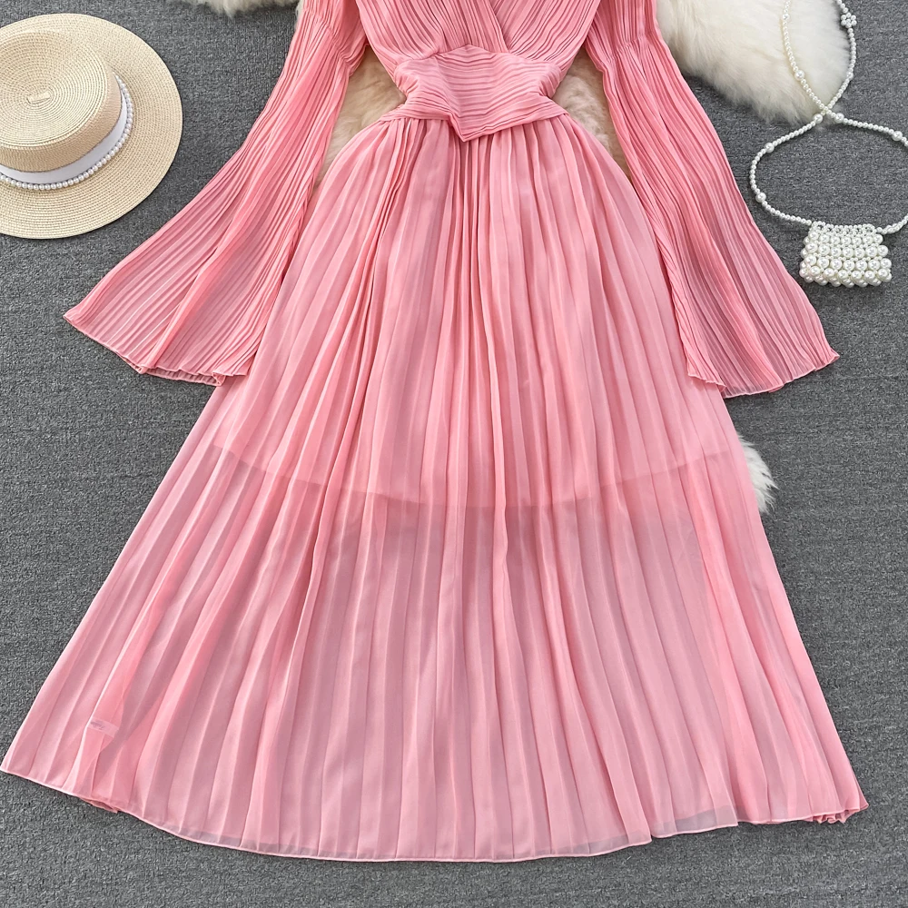 Autumn Flare Sleeve V-neck Midi Dresses for Women Solid Pleated A-line Elegant Party Dress Korean Fashion One Piece Vestidos New