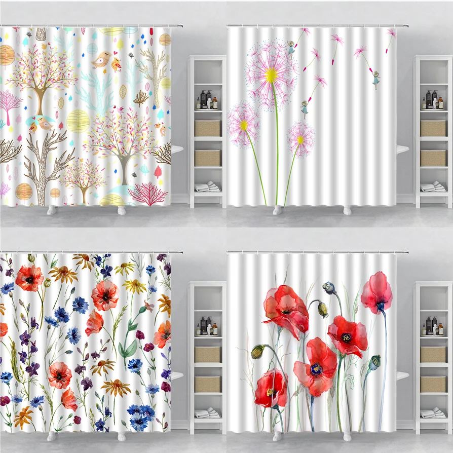 

Занавеска для душа с изображением растений, цветов, красных Маков, одуванчиков