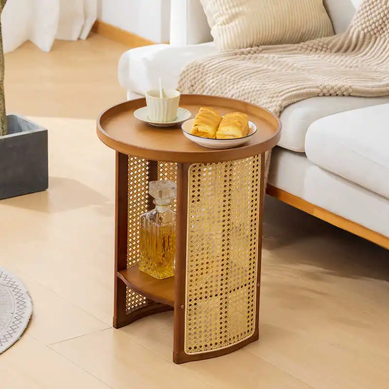 Side Desk Living Room Small Coffee Table Bedside Side Cabinet Creative Round Balcony Small Desk Japanese Rattan Table