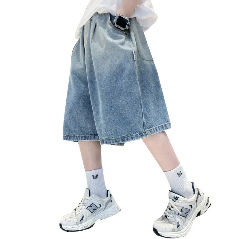 UNITIM 어린이 소년 데님 반바지 여름 얇은 그라데이션 주니어 소년 반바지 편지 주머니 4-14Yrs Handsome Boy Shorts Kids Shorts