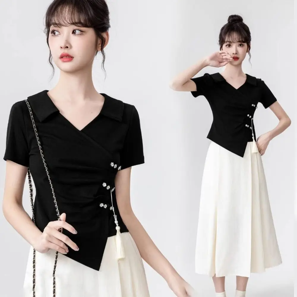 Tassel Pendant Irregular V-neck T-shirt Lapel Chinese Style Women's Slim Crop Tops Female Summer Tops Flower Button
