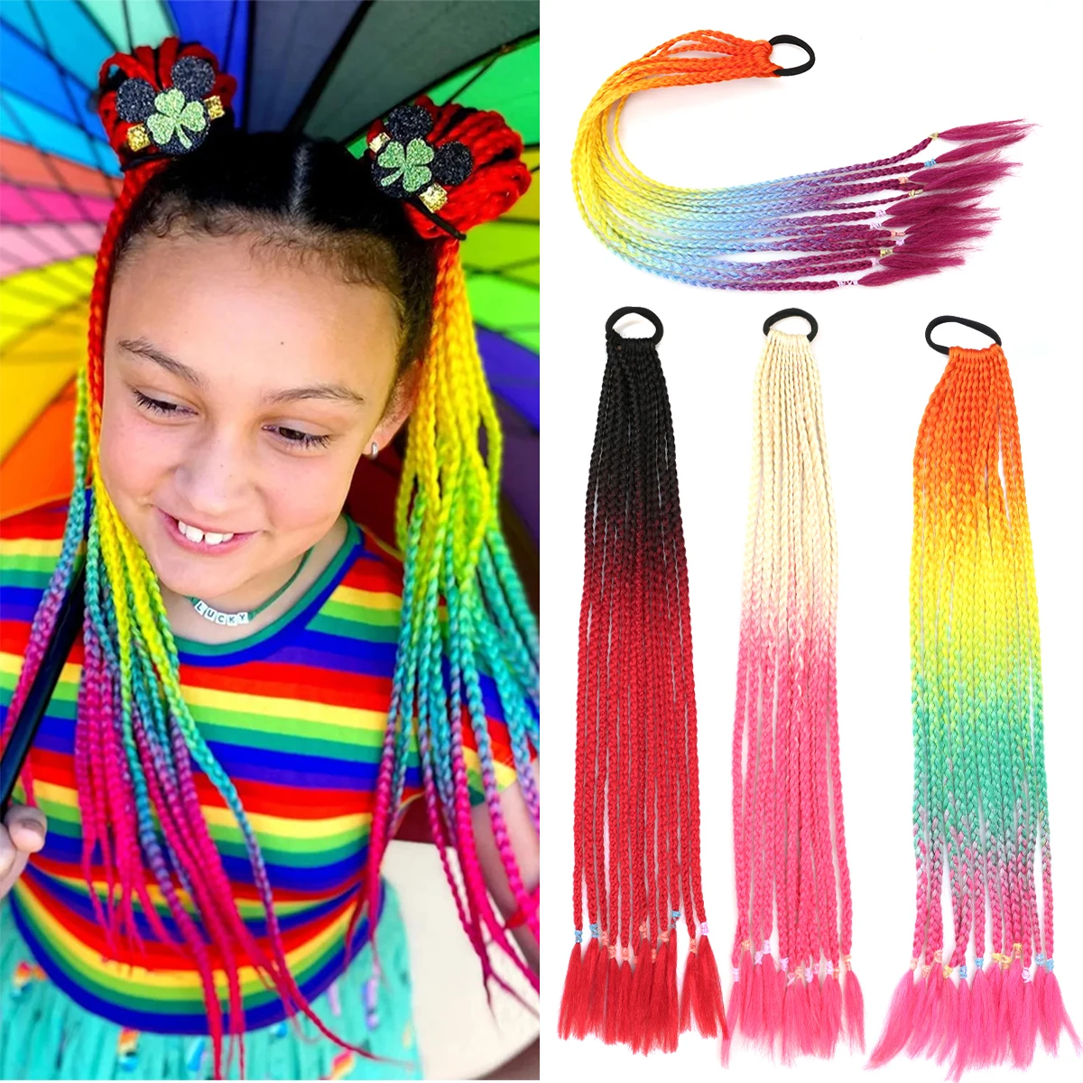 Synthetic Colored Braided Ponytail Hair Extension Rainbow Color Braids Pony Tail With Elastic Band Girl's Pigtail