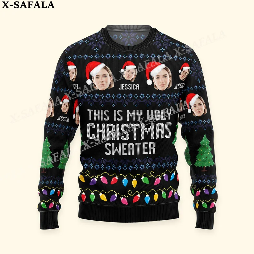 thumbnail image 1 of Suéteres de punto navideños feos con personajes/mascotas personalizados y fotos personalizadas, jerséis de regalo de Navidad, tops para parejas, fiestas, unisex, informales, 8, 1 of 5