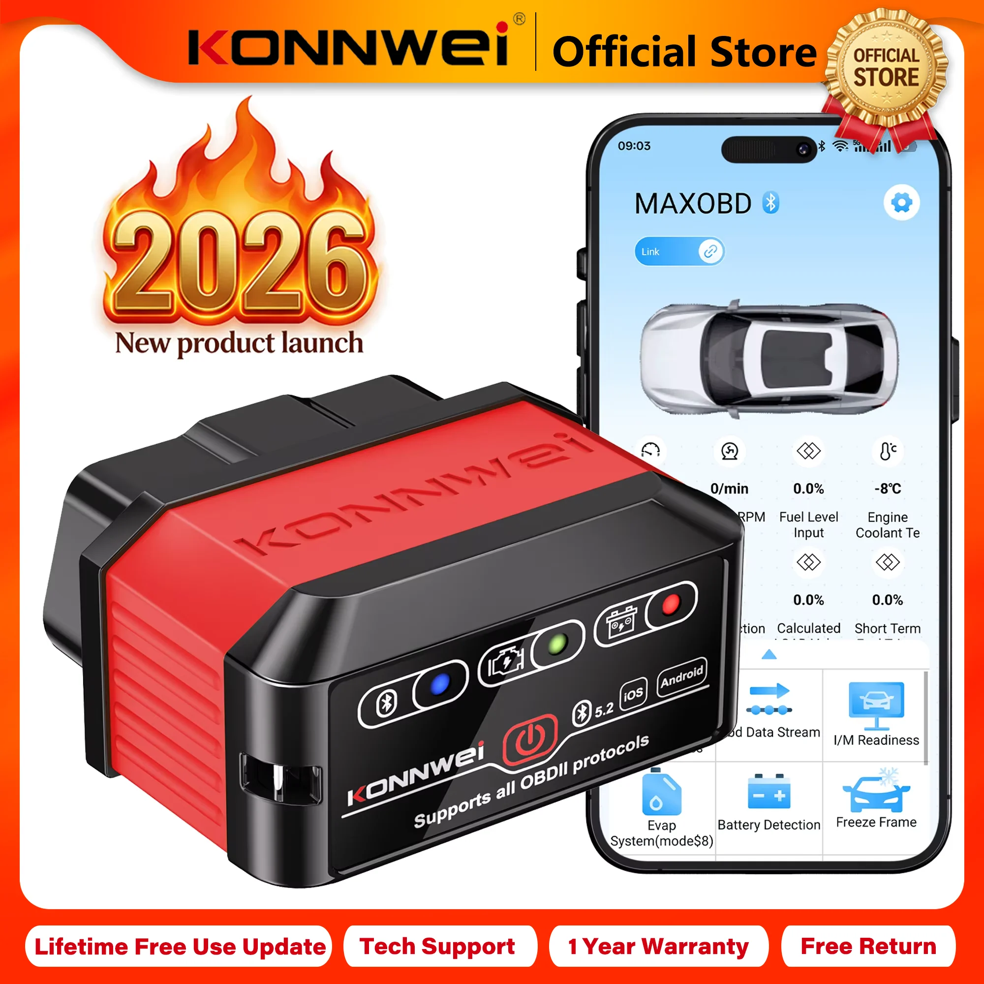 KONNWEI Professional Car OBD2 Scanner KW905, ELM327 Bluetooth 5.0 Android iOS Code Reader Diagnostic Tool 2026