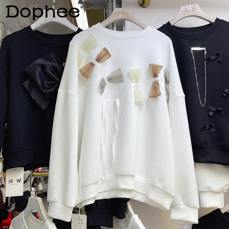 

2023 New Korean Style Loose Fried Street Trendy Sense of Design Three-Dimensional Bow Decoration sweatshirts Top Female Fashion