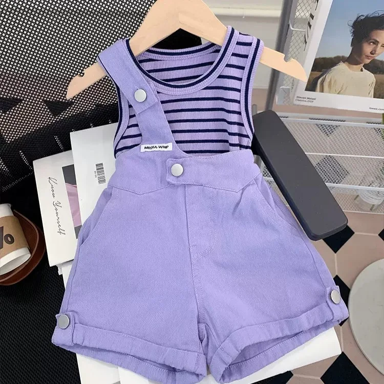 

Girls 2024 Summer New Children's Fashion Fashionable And Western Style Girl Baby Backband Pants With Striped Sleeveless Tank Top