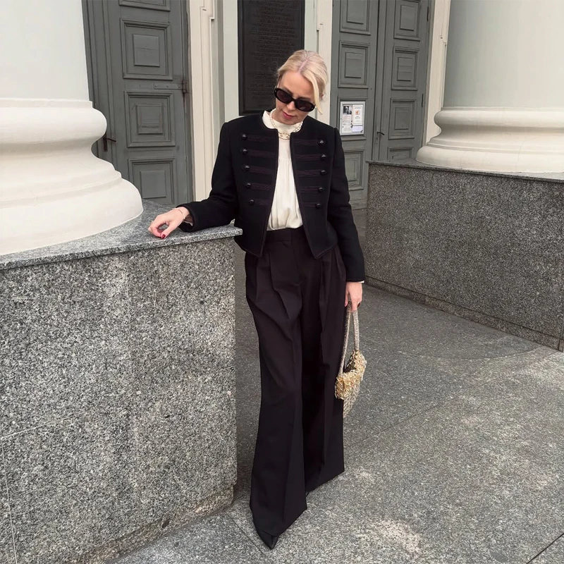 Black Short Baroque Jacket Women Elegant Stand Collar Pearl Buttons Military Jackets 2026 Spring Fashion Lady Daily Street Coat 10 Se2454d6f1c7c4ac7b65069b0966f6264S