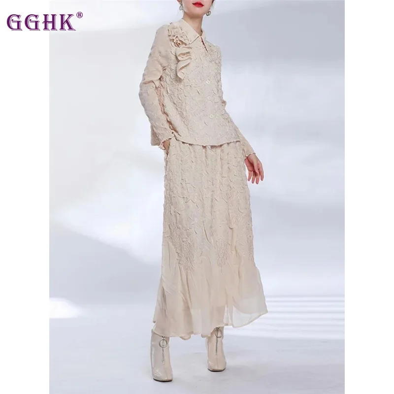 

Женский плиссированный костюм GGHK Miyake, однотонный однобортный винтажный топ с завышенной талией, свободная полуюбка, комплект из 2 предметов