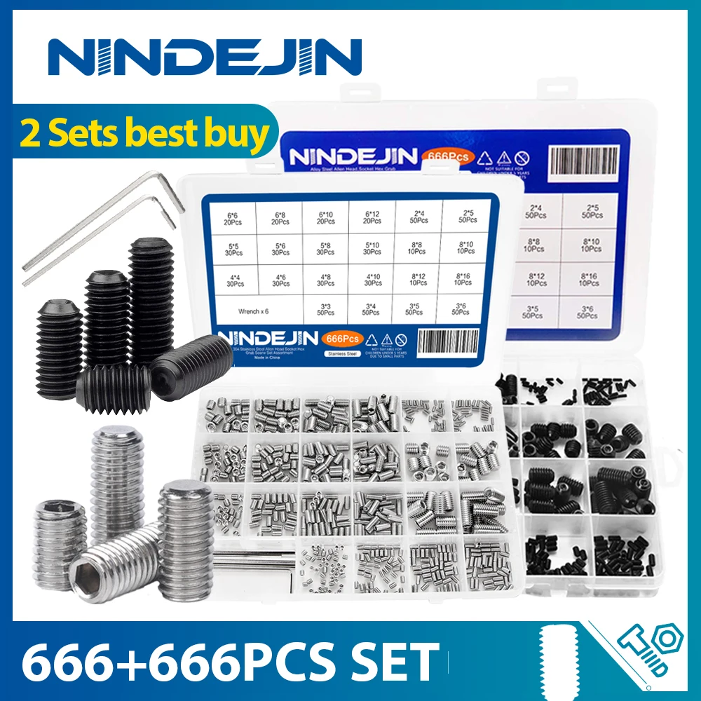 NINDEJIN 666 шт. набор винтовых стаканчиков с плоской шестигранной головкой из нержавеющей стали и углеродистой стали набор Grub ассортимент винтов