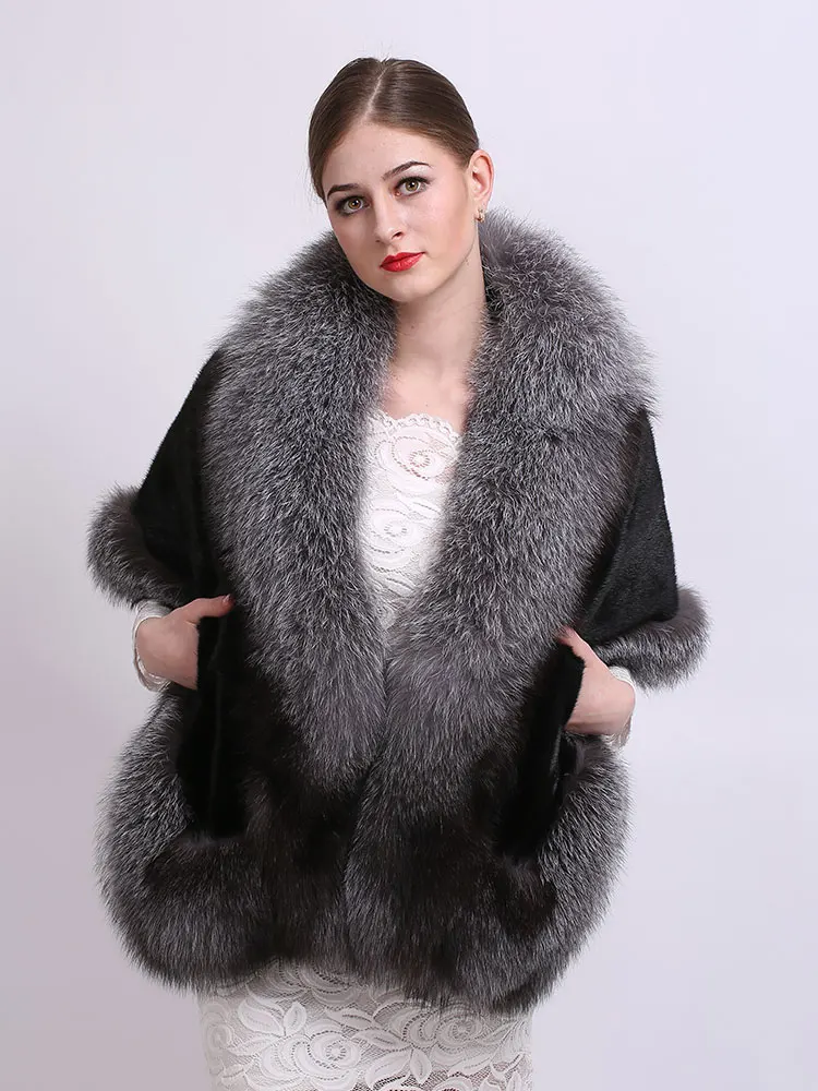 Real Mink Fur Shawl Fox fur trim Winter Women Real Fur Fashion Poncho Fox Fur Trimmed Cape Winter Cape Female