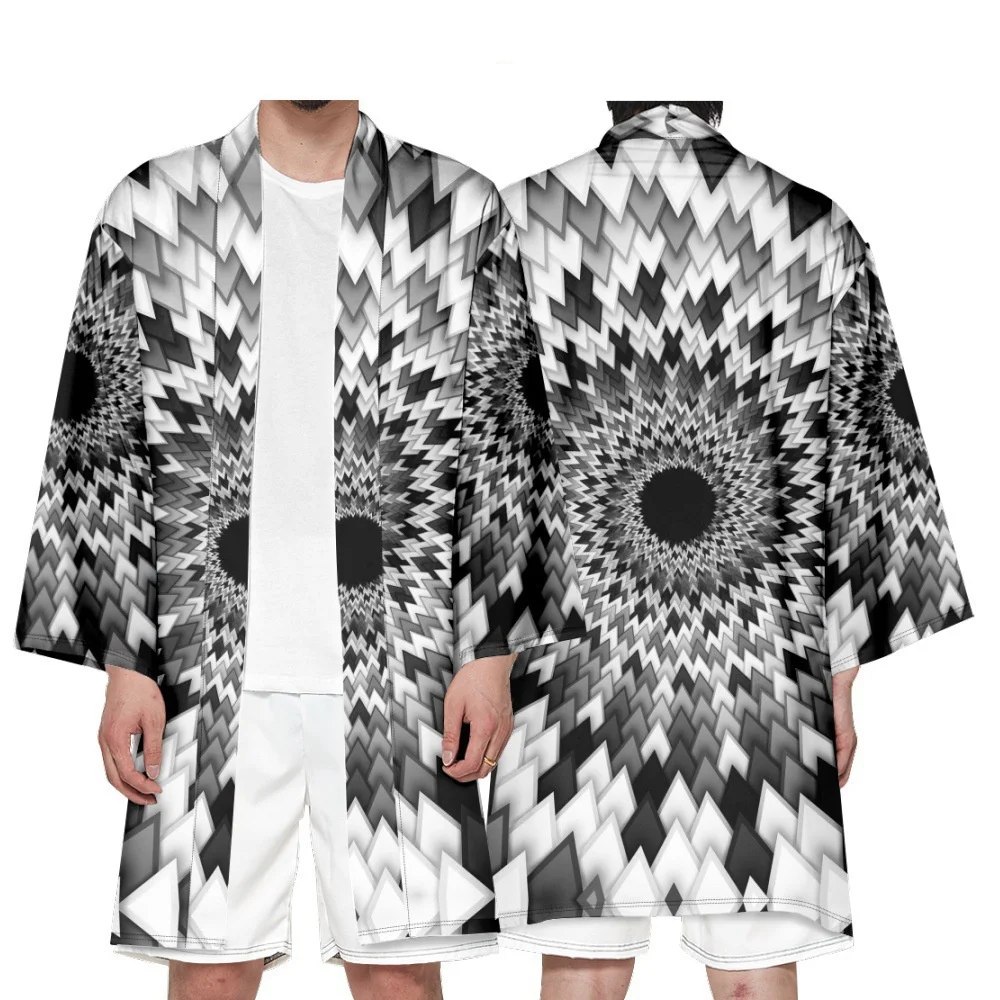 Men's Japanese Long Kimono Cardigan Men's Samurai Clothing Kimono Psychedelic Pattern Shirt Yukata Jacket