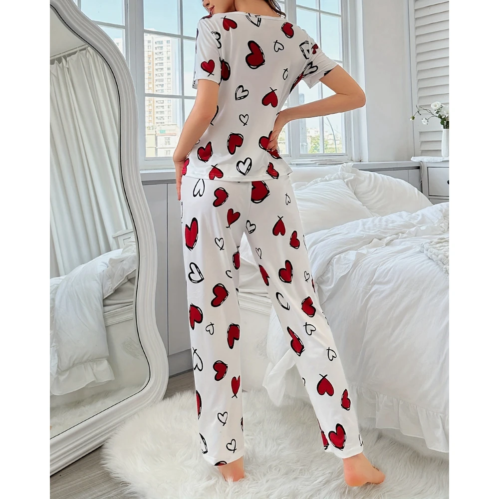 Casual Heart Print Two Piece Pajamas Set for Women Round Neck Short Sleeve Top & Long Pants Sets Sleepwear Summer Homewear