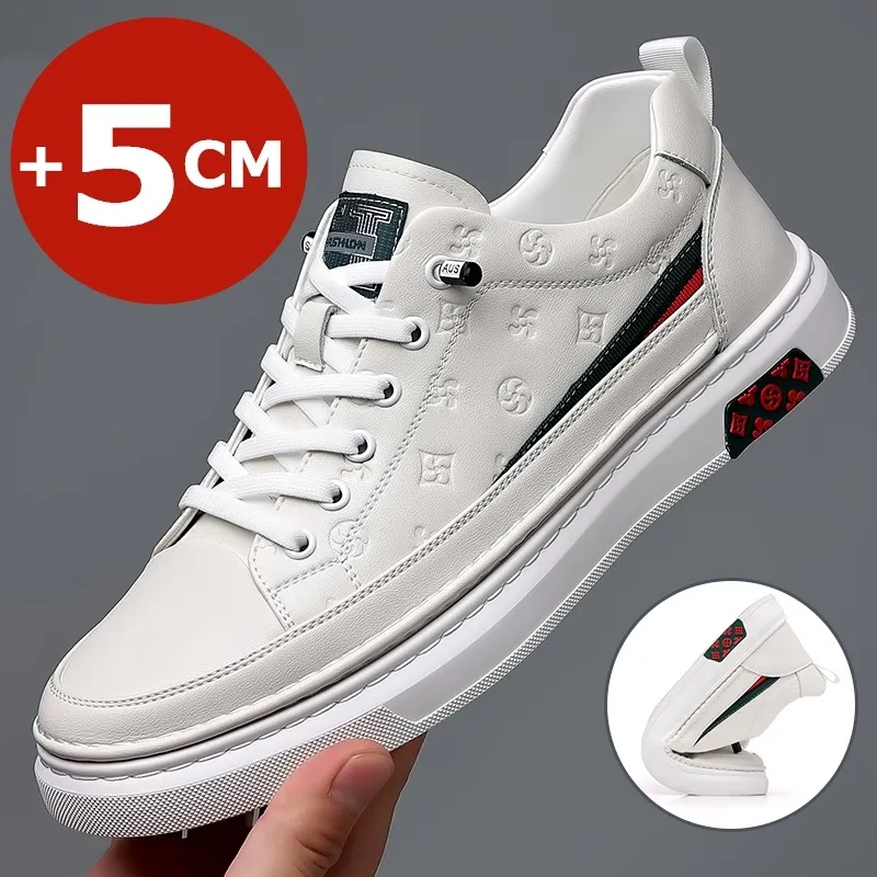 

2024 Spring Men's Elevator Shoes Men Loafers White Soft Leather Moccasins Height Increased 5cm Taller Shoes Man Sneakers
