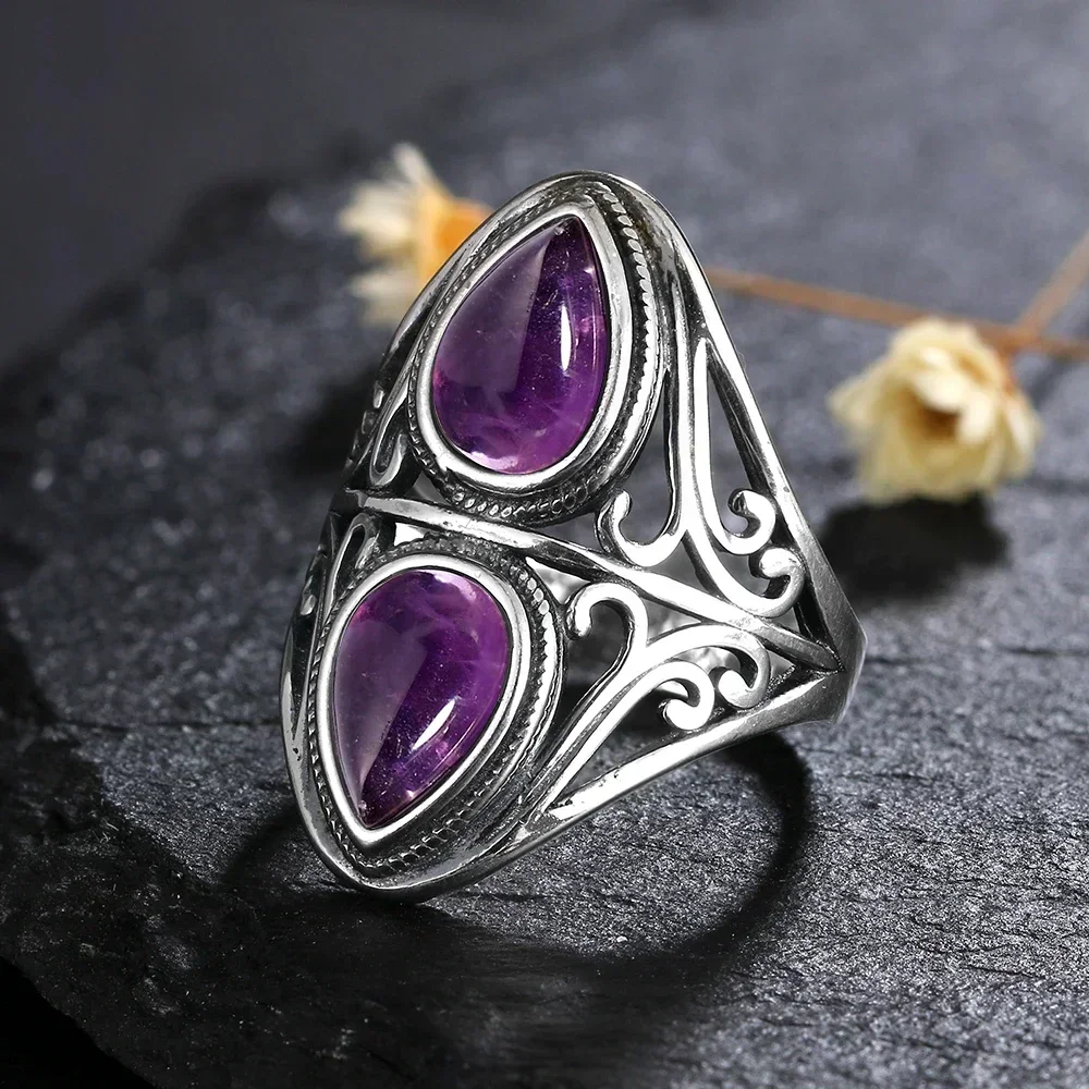 Silver Ring S925 Sterling Vintage With Natural Amethyst Two Stone Waterdrop Shape For Women
