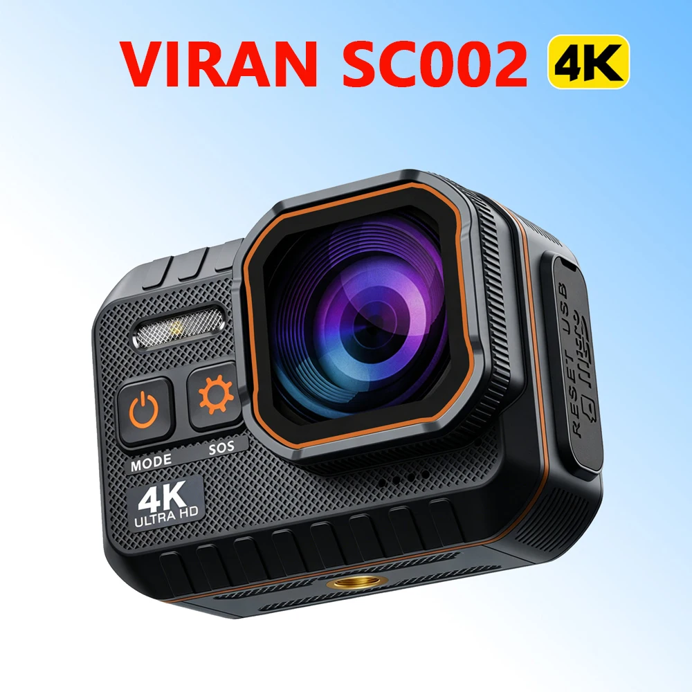 Sportif tenant une caméra action 4K ultra HD étanche lors d'un saut en VTT en forêt