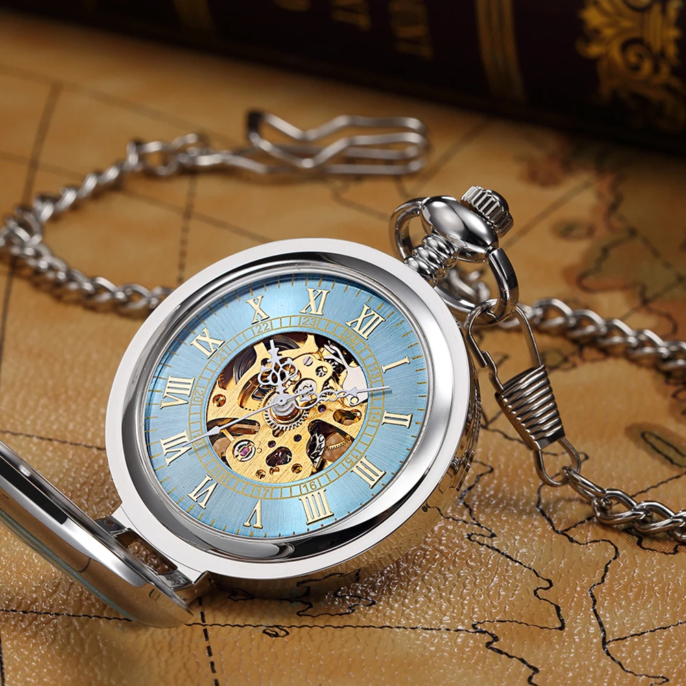 Luxury Stainless Steel Automatic Mechanical Pocket Watch Fashion Men Women Pendant Exquisite Sculpture Roman Dial Hollow Clock