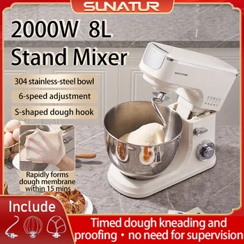 SUNATUR 8L Stand Mixer 2000W,Stainless Steel Bowl,6-Speed Dough Kneader&Egg Beater,Timed Fermentatio 1