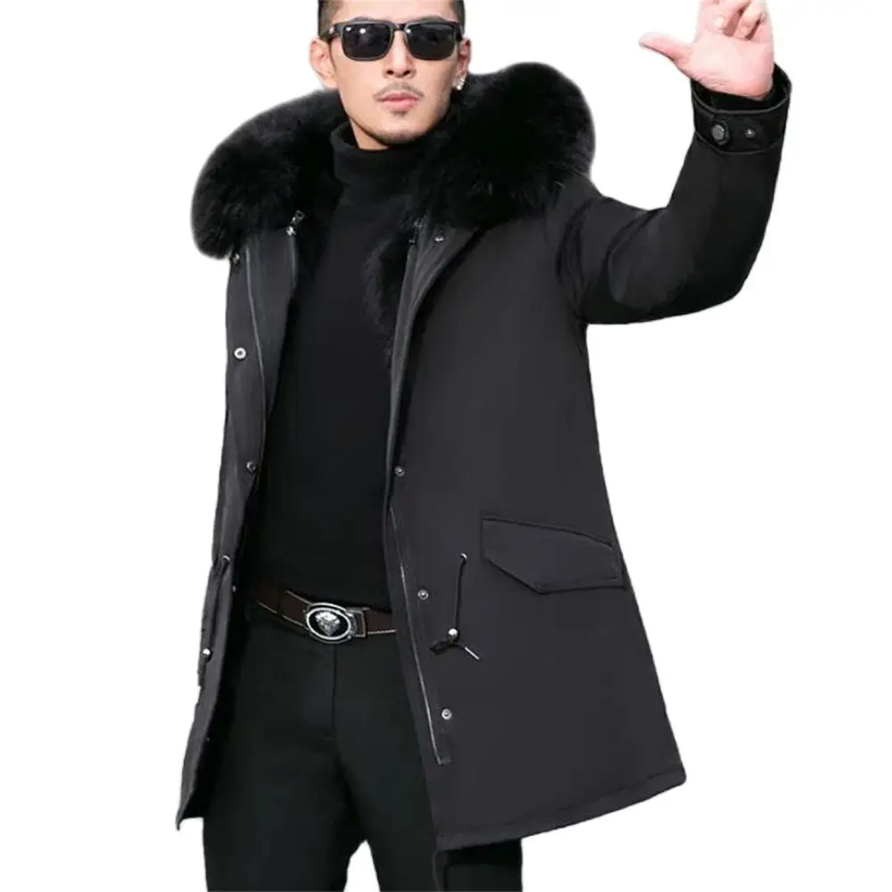 

Faux Fur Coat Loose OverCoat Thick Warm Men Plush Coats Fox Hair Inner Liner Detachable Collar Long Fur Parkas Fur Jacket Tops