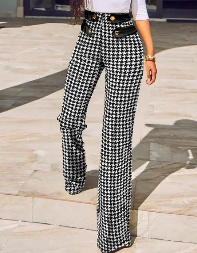 

Female pants Trouser Casual Bottom 2023 New Womens Pants Elegant Houndstooth Print Button Wide Leg Tailored High Waist Pants