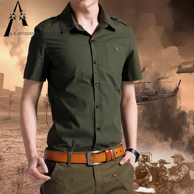 

2022 Summer New Men's Lightweig Military Short Sleeve Shirt Loose Large Cotton Shirt Men Streetwear Slim Solid Color Green Khaki