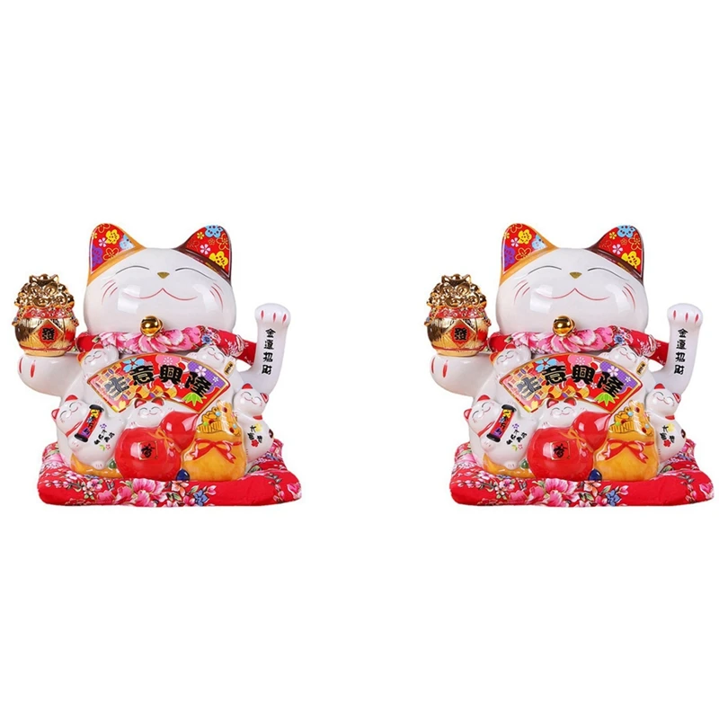2X 7 Pollici Ceramic Beckoning Cat Maneki Neko Ornament Feng Shui Decoration Swing Lucky Cat,B