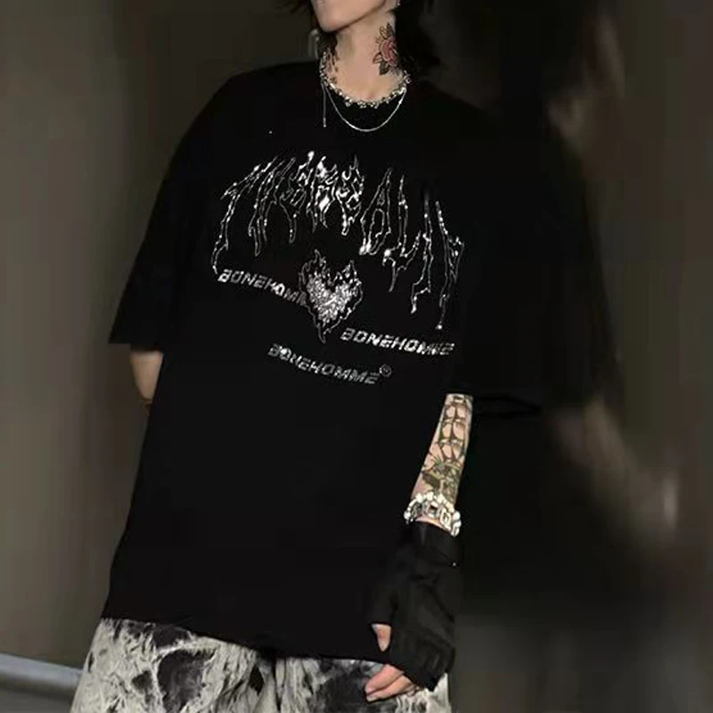Black Rhinestones Letter Graphic Print Tshirt Women Harajuku Punk Emo Short Sleeve Casual Tops Tee Korean Fashion Alt Clothes Www Chokseychem Com
