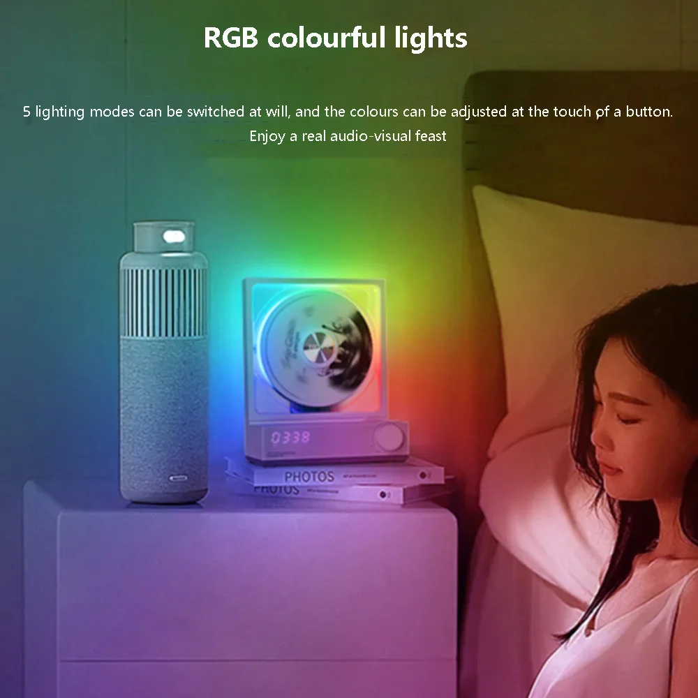 양방향 블루투스 RGB 눈부신 컬러 조명 효과, 레트로 하이파이 CD 플레이어, 충전식 음악 플레이어 내장
