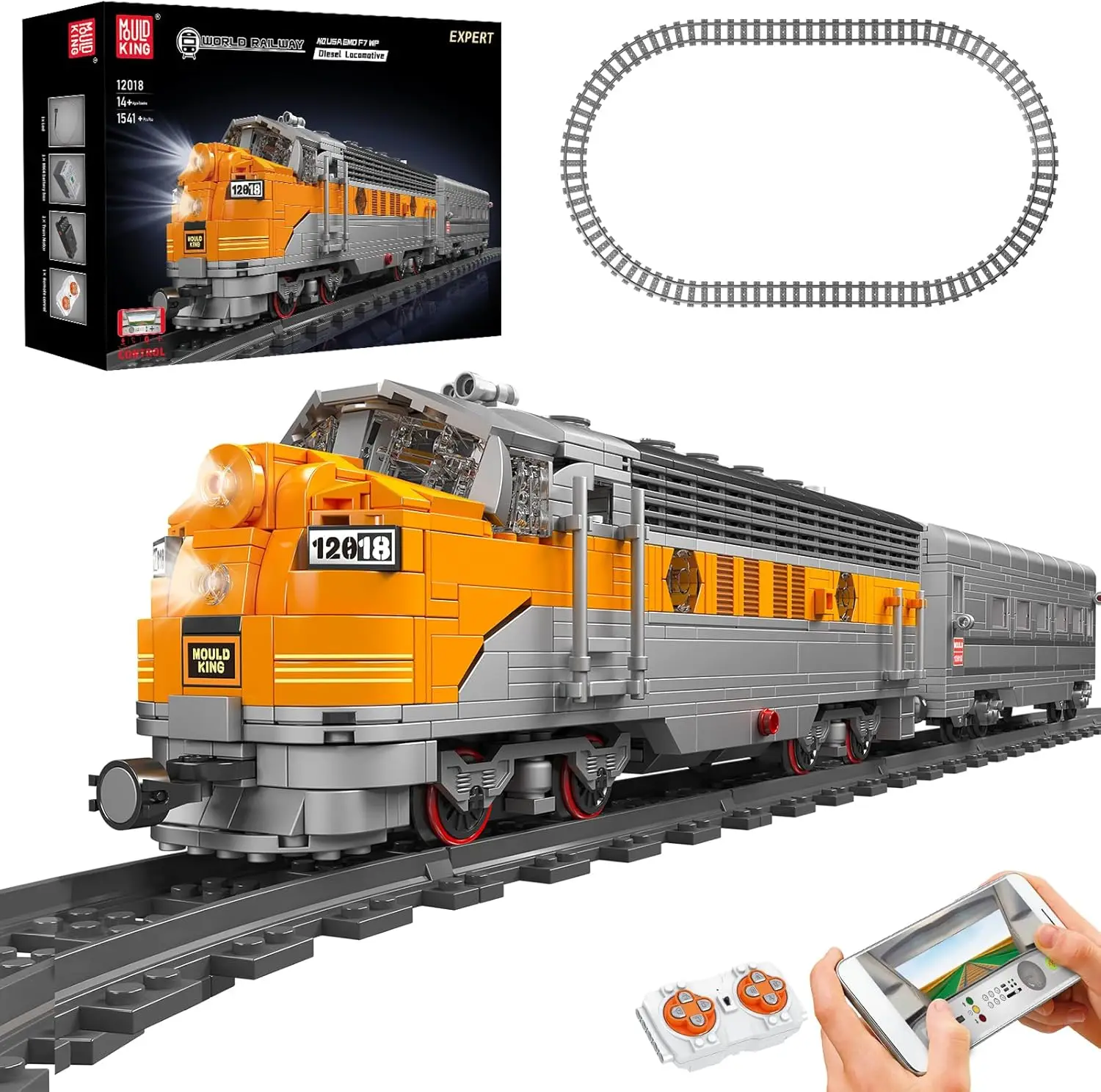 MOULD KING World Train 12018 USA EMD F7 WP Diesel Locomotive Remote Controlled Building Blocks Toy Set Birthday Gift