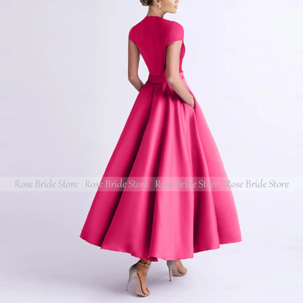 Elegant Women's Cocktail Party Gowns Pink Satin Handmade Flower Ruched A-line Poretrait Midi Dresses Bespoke Occasion Gowns