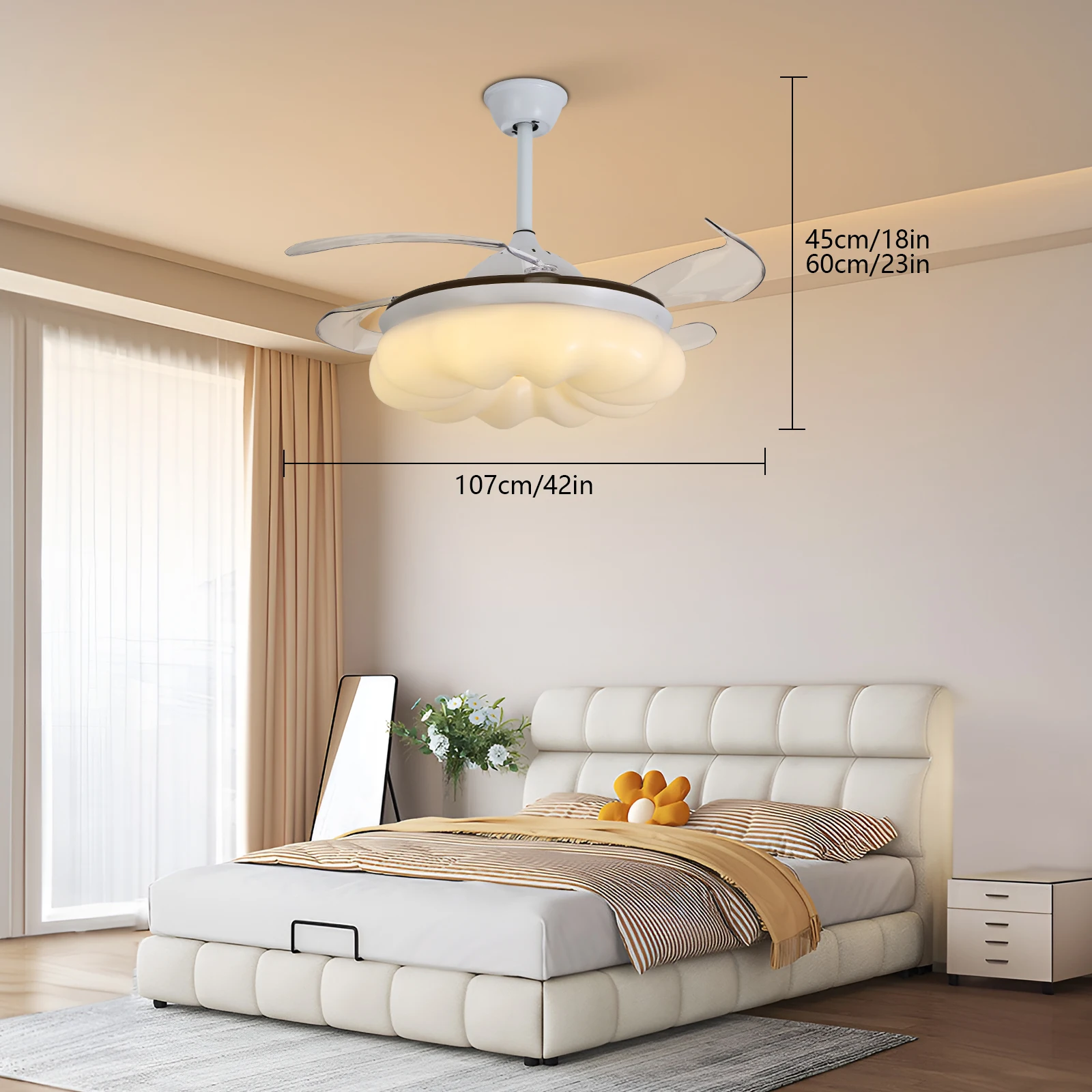 Ceiling Fan with Lights&Remote Control 42 Inch Modern Fandelier Ceiling Fan Retractable with Light