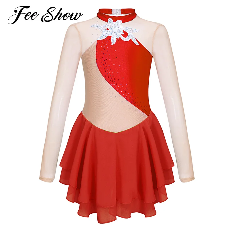 Kids Girls Figure Ice Skating Dress Dance Wear Gymnastics Leotards Dress Long Sleeve Shiny Rhinestone Sequins Ballet Dance Dress