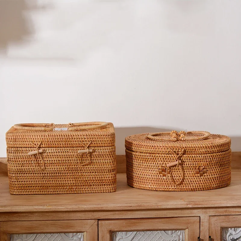 

Lids Mini Wicker Bread Snack Boxes Tray Sundries Baskets Round Lid With Decorative Basket Organizer Woven Rattan Storage Fruit