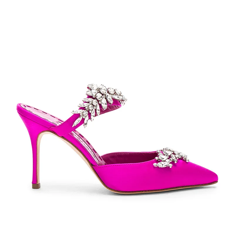 

Heels for Women 2023 Pointed Toe Slippers Crystal Gladiator Sandals High Heel Dress Pumps Ladies Satin Mules Big Size Stiletto