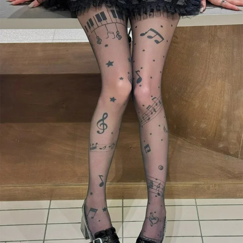 Women Thin Stretchy Stockings Y2K Sweet Music Notes Pantyhosen Sheer Black Tight Cute Lolita Leggings Punk Style Fashion Hosiery