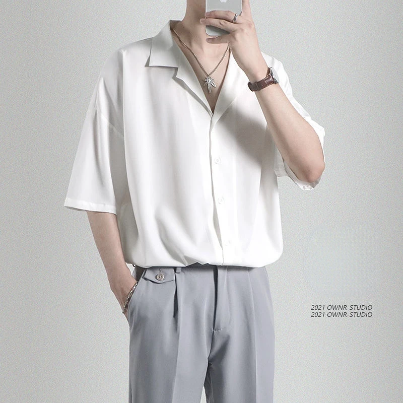 

Summer New Men's Short Sleeve Solid Color Basic Business Social Stretch Tops Shirt Male Fashion Comfortable Formal Shirts L208