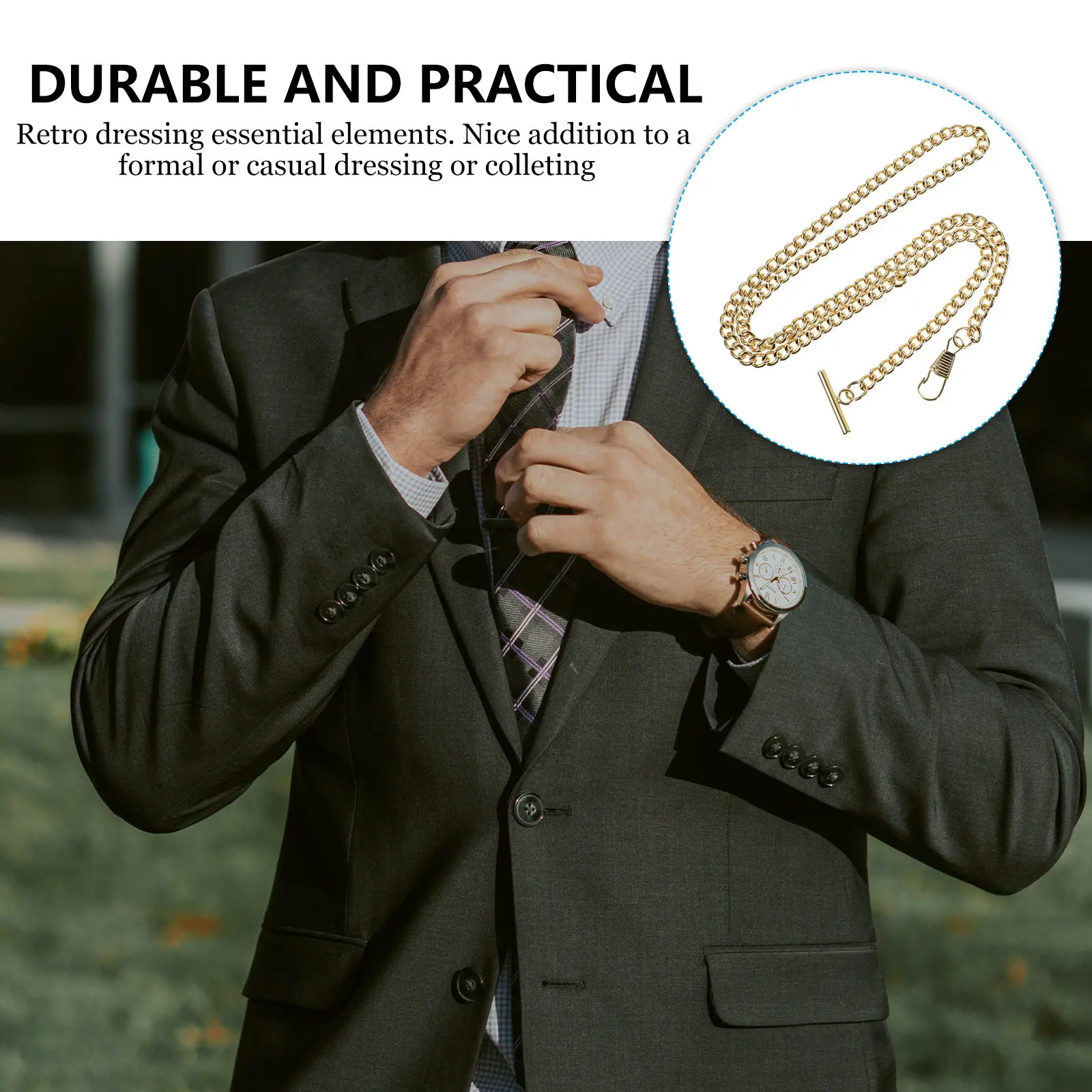 2Pcs T-바 포켓 시계 체인 솔리드 금속 구조 견고한 양복 조끼 체인 남성 여성용 청바지 키체인 장