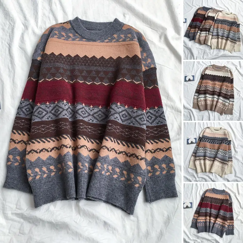 

Vintage Sweaters Women Oversized Thicken Knitwear BF Unisex Couples Winter Pullovers Femme Woolen Sweater Striped Tops