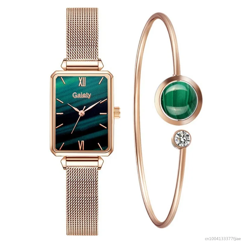

Часы женские кварцевые с квадратным циферблатом, модные простые Роскошные с сетчатым браслетом из розового золота, комплект из 2 предметов
