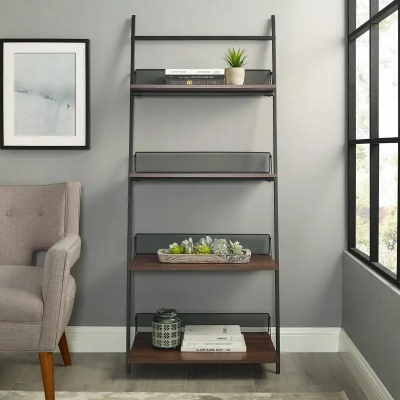 

Industrial Ladder Bookcase with 4 Shelves, Dark Walnut