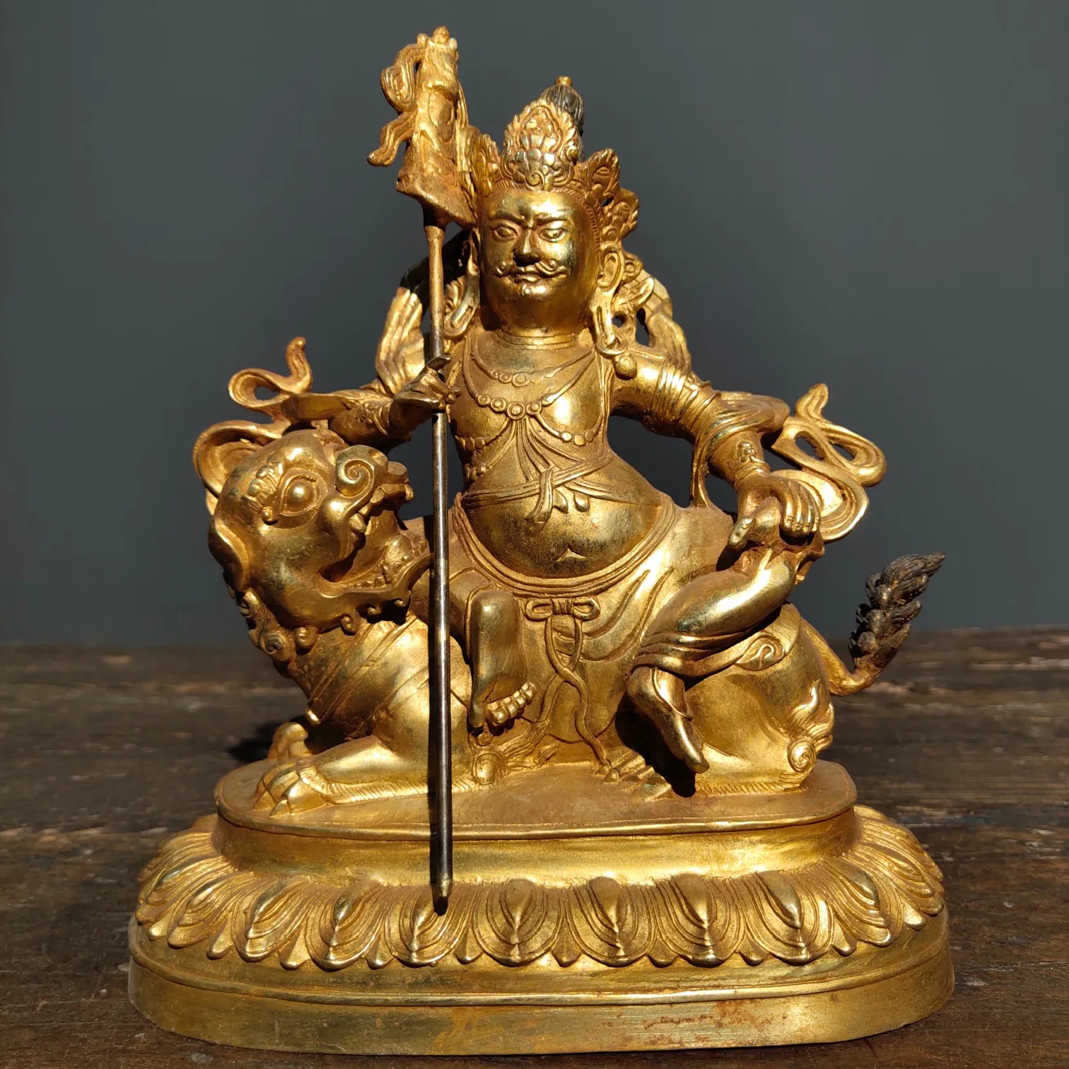 

8"Tibetan Temple Collection Old Bronze Gilt Treasure King Vaisravana Buddha Worship Hall Town house Exorcism