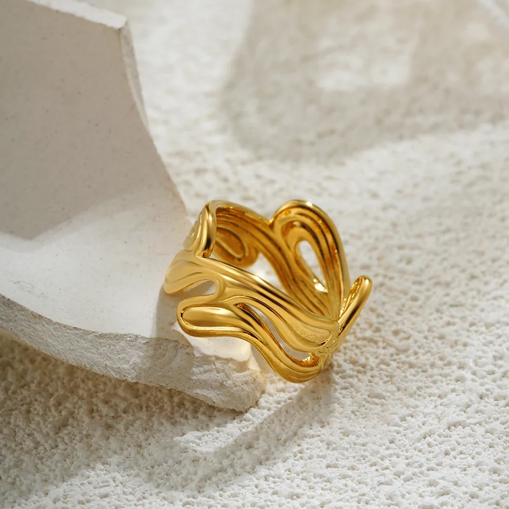 Trend Gold Color Stainless Steel Multi Layer Texture Rings for Women Hollow Wide Finger Ring Wedding Party Jewelry Gift 2025 New