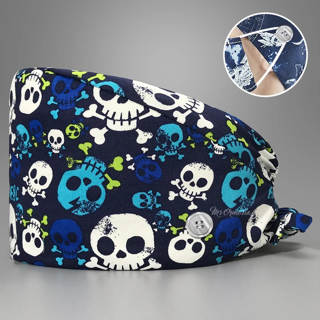 New Fashion Cotton Skull Cartoon Print Hat Adjustable Work Cap Beauty Salon Nursing Cap Male Surgical Hat Wholesale Scrub Caps 22118