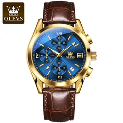 Luxury Chronograph Men's Leather Strap Waterproof Watch with Luminous Dial (Gold Blue)