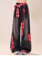 Korean Large Size Women's Black High Waist Strap Irregular Plaid Splicing Jeans Retro Loose Leisure Fashion Versatile Trousers - Image 5
