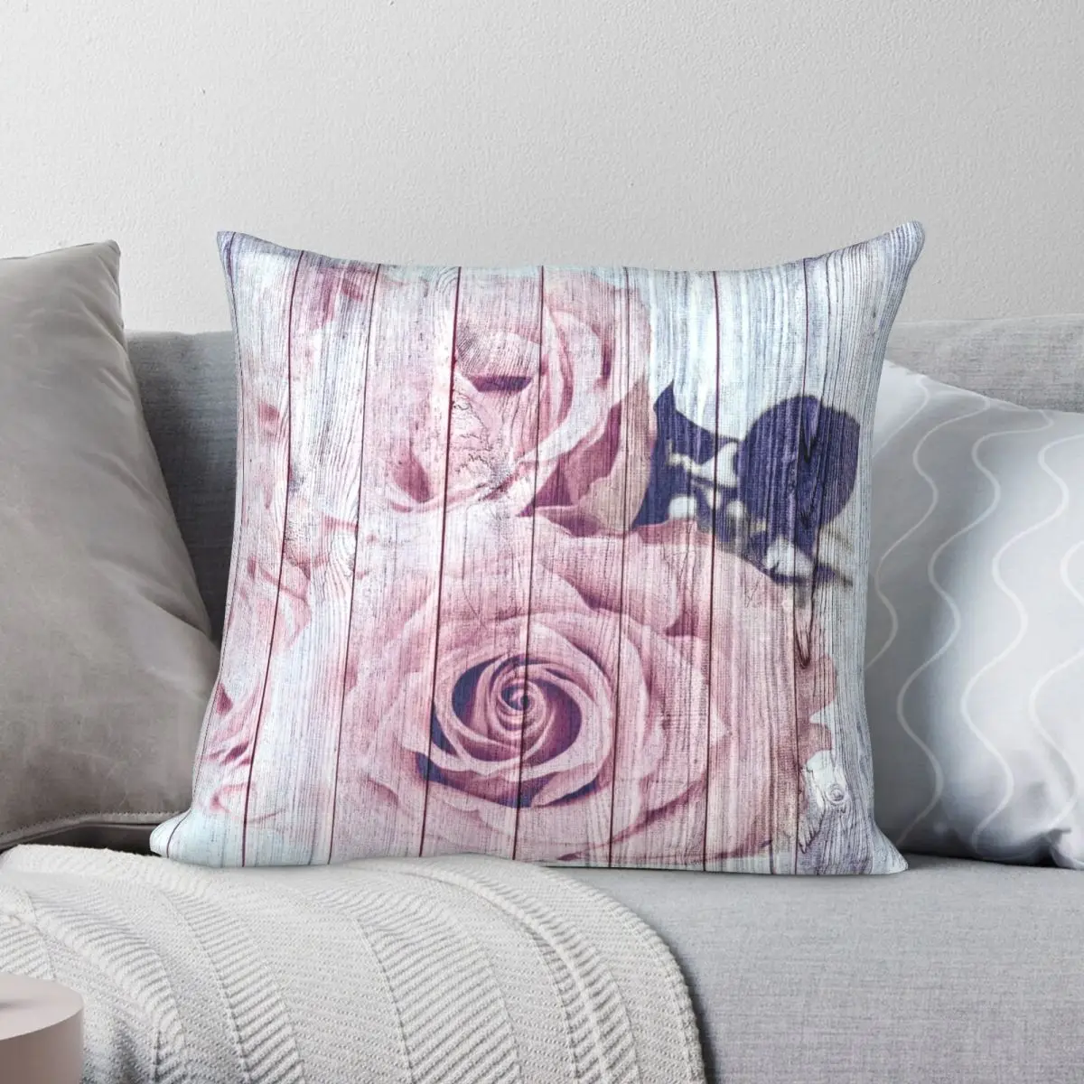 Vintage Shabby Chic Dusky Pink Rose Square Federa Poliestere Lino Velluto Modello Zip Federa Cuscino Auto 18"