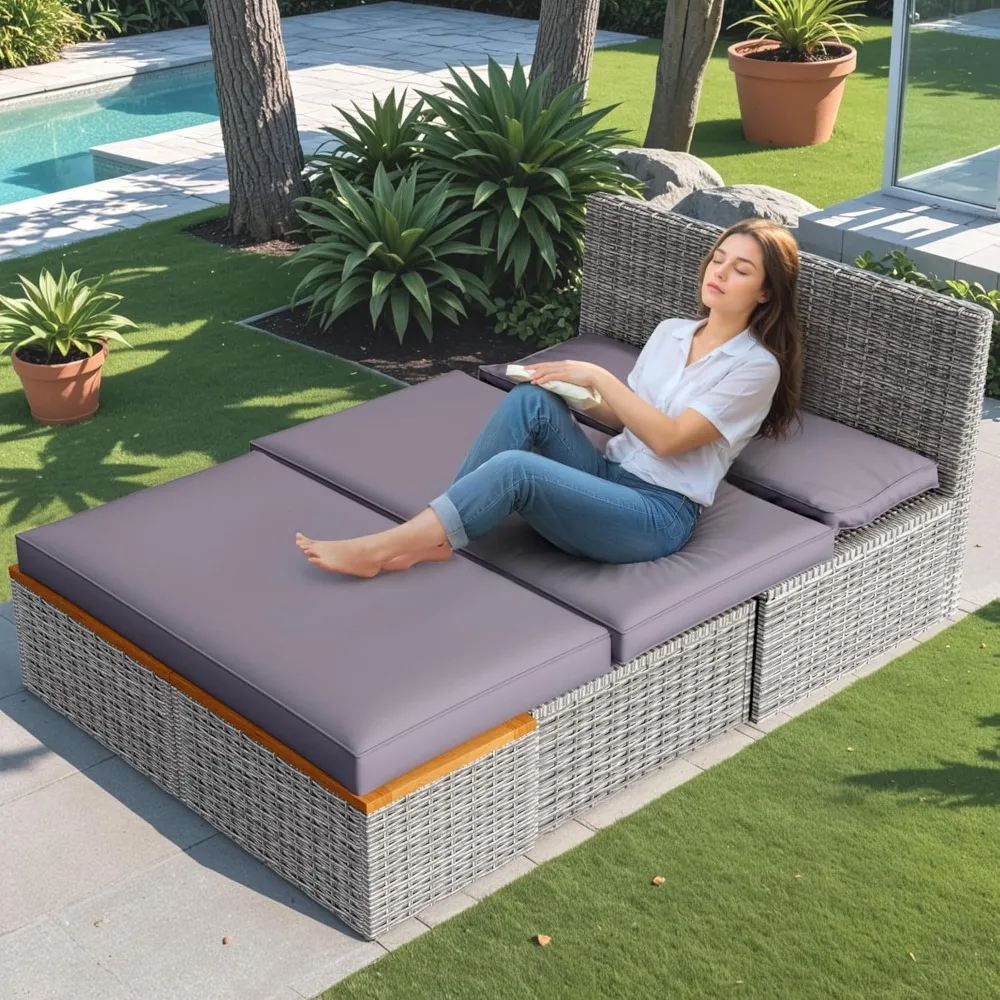Patio Day Bed with 2 Side Tables Outdoor Daybed Set MultifunctionalRattan Lounge Bed for Backyard Porch Poolside Lawn Bea 3