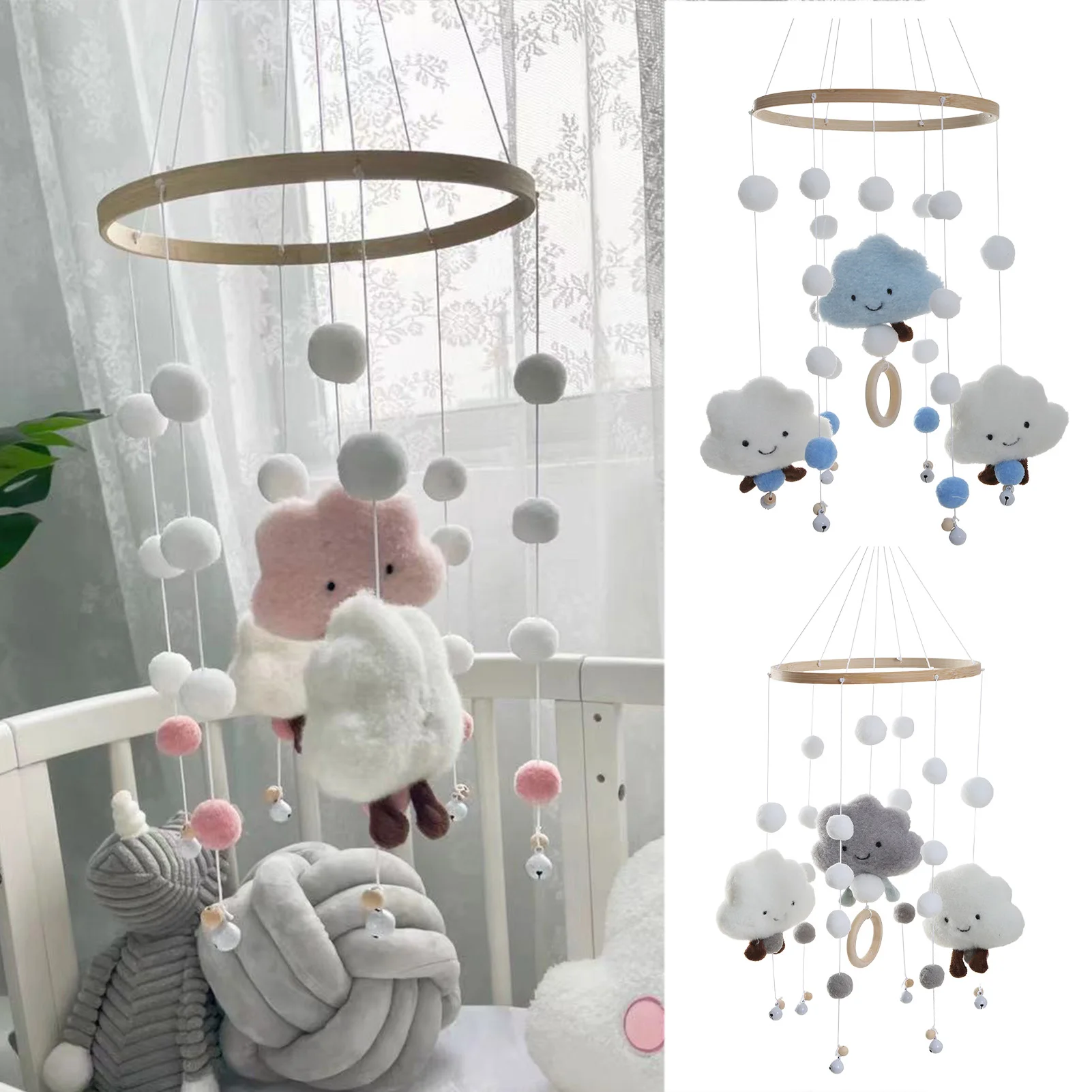 

Baby Rattles Crib Mobiles Toy Cotton Clouds Pendant Bed Bell Rotating Music Rattles For Cots Projection Infant Wooden Toys